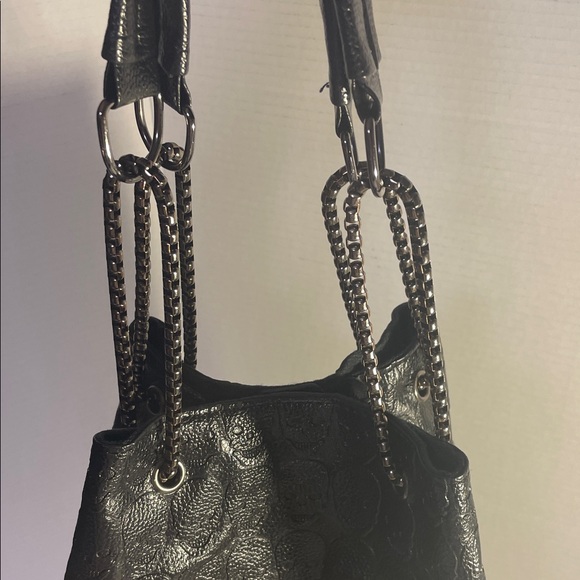 SKULLS- Faux Leather Embossed Skull Black Textured Bucket Bag with Chain Handles - Picture 6 of 16